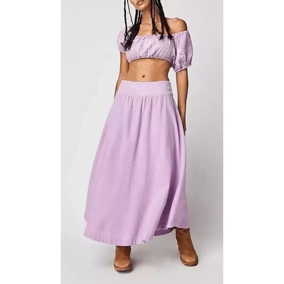 Free People Women Sz M Orchid/White Lotus Embroidered Crop Top & Skirt Set - Picture 1 of 7